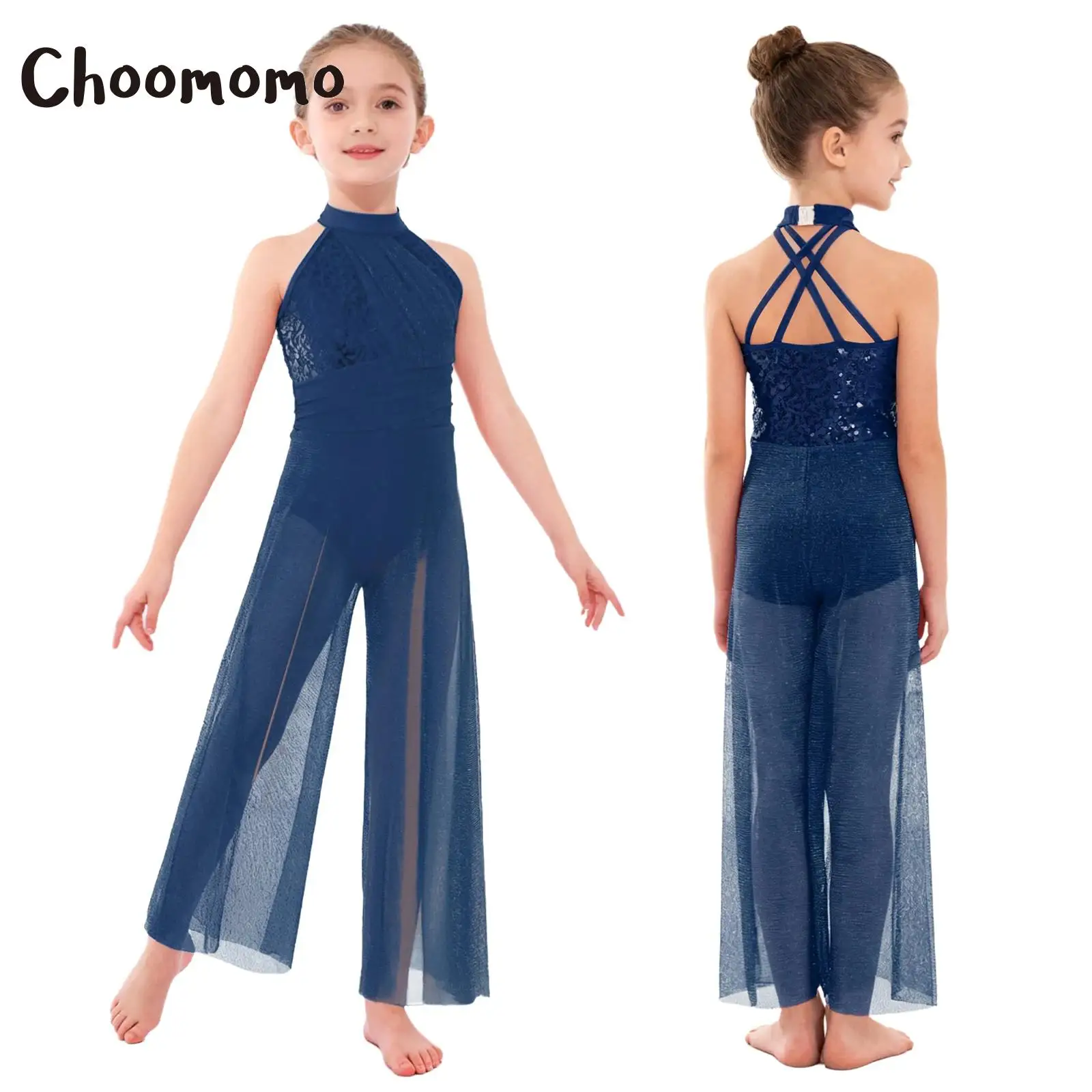 

Детский гимнастический комбинезон для девочек, костюм для лирического танца, с пайетками на спине, блестящий сетчатый топ, боди с широкими штанинами и разрезом