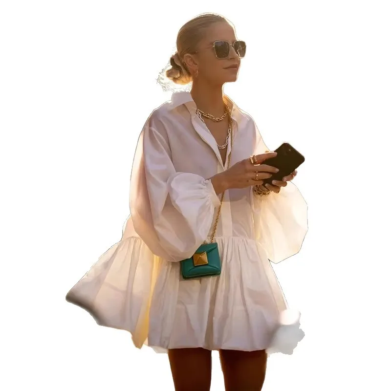 Mulheres elegantes doce turn down collar camisa vestido lanterna manga único breasted plissado a linha manga longa casual mini vestidos