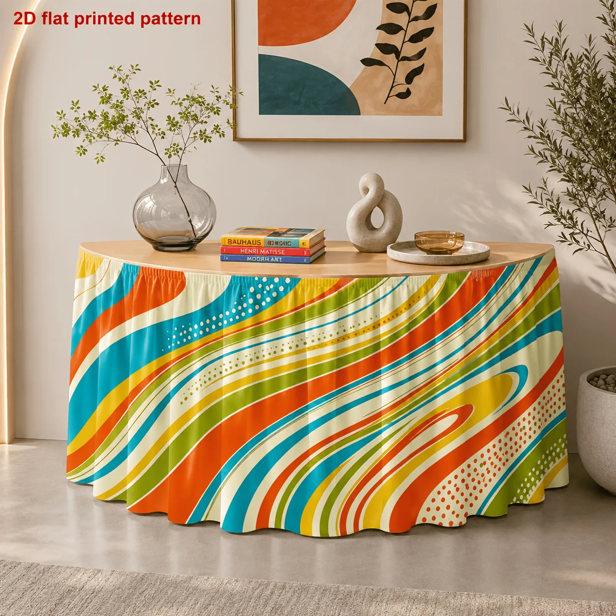 1 tablecloth table skirt with bright retro wavy pattern, suitable for wedding banquets and conference clothes