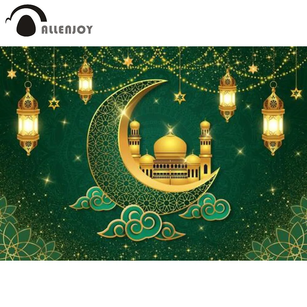 

Allenjoy Eid al Adha Festival Mubarak 2022 Green Ramadan Party Background Moon Mosque Gold Islam Banner Photophone Backdrop