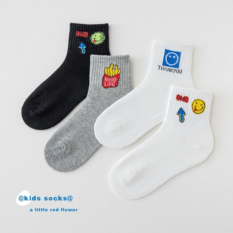 

Cotton Solid Kids Ankle Socks 4 Pairs Cute Fashion Cool Smile Face Soft Comfortable Non-slip Sports Socks For Child Boys Girls