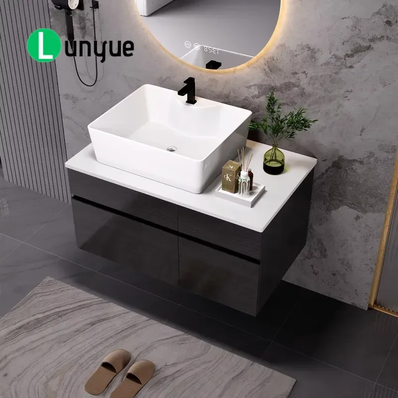 Luxury Modern Wall Mounted Vanity Bathroom Single Sink Solid Wood Washbasin Cabinet For Home Hotel Waterproof Storage