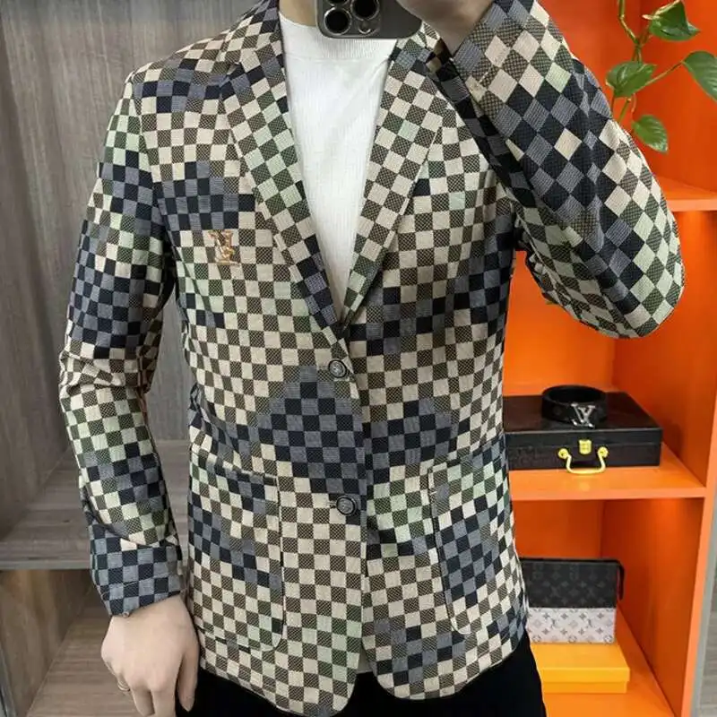 

Роскошный Блейзер в клетку для вечеринок и выпускного вечера, блестящее платье с контрастным воротником, Блейзер, мужской повседневный Блейзер, мужской облегающий костюм, пальто, куртка
