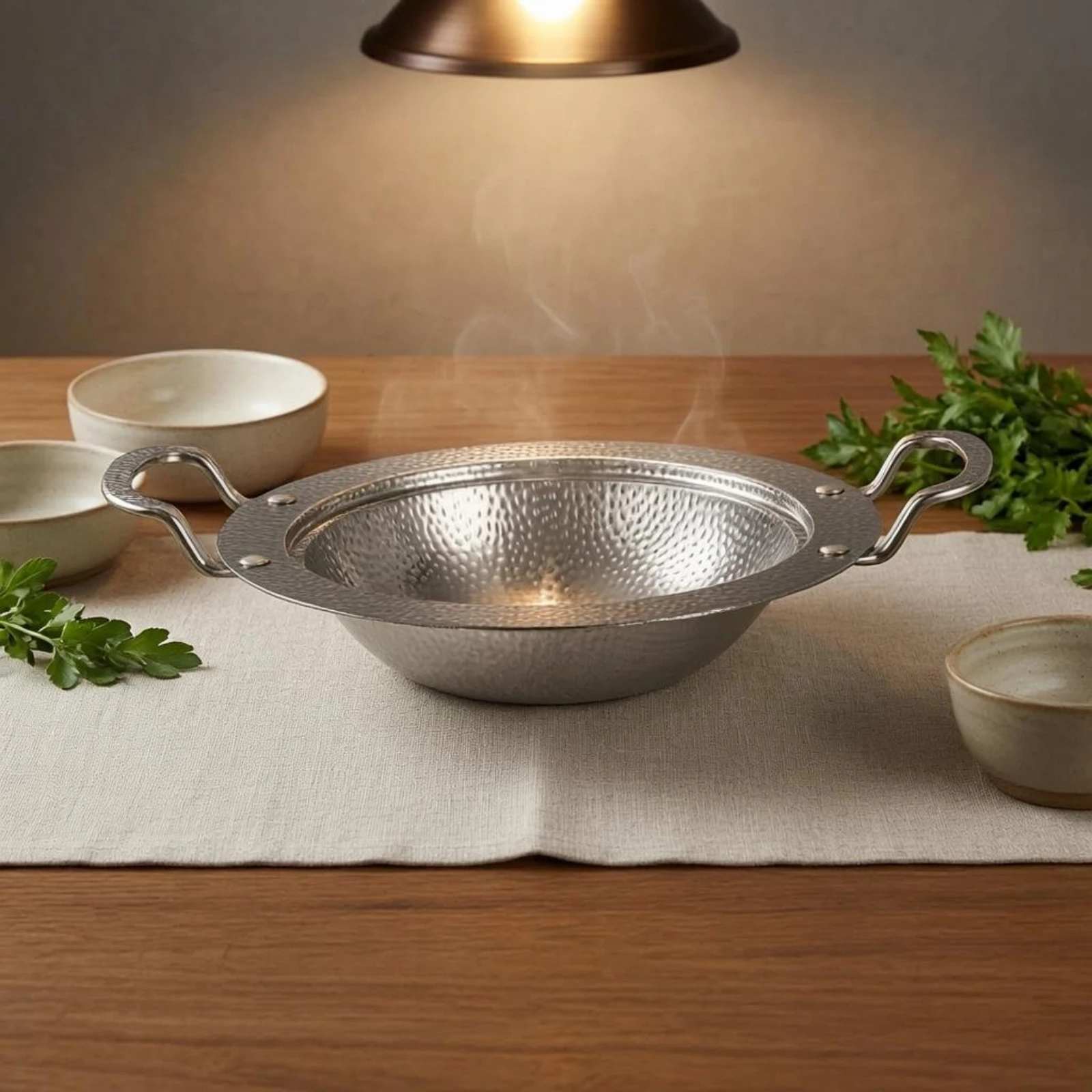 Round Stainless Steel Serving Pan Wide Rim Hammered Stainless Steel Frying Pan Cookware Shallow Scratch Resistant for Cooking - view 3