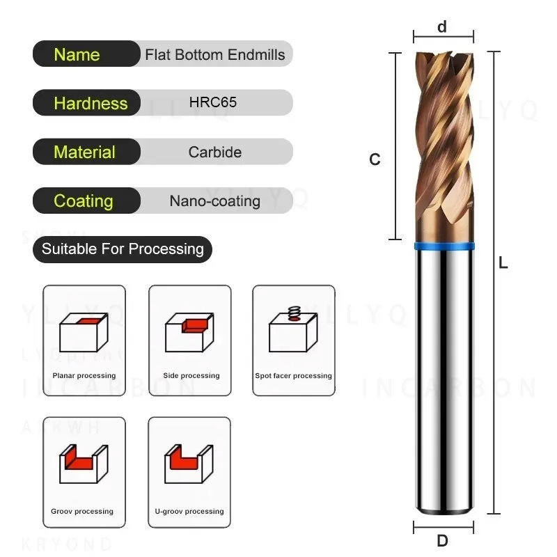 TGB-HRC65 4 Flute Color Ring Flat End Mill Tungsten Carbide Alloy Coated CNC Milling Cutter Endmill Tool for Machining