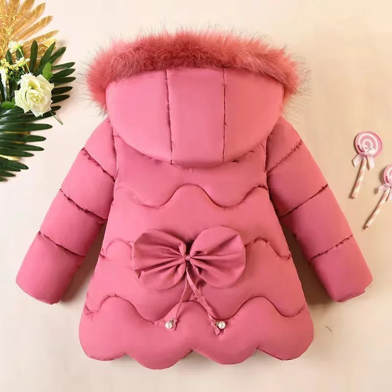 2-5 Years Baby Girl Thicken Down Jacket Hooded Outerwear Children Clothing Winter Warm Overcoat New Casual Girl Bow Solid Coats