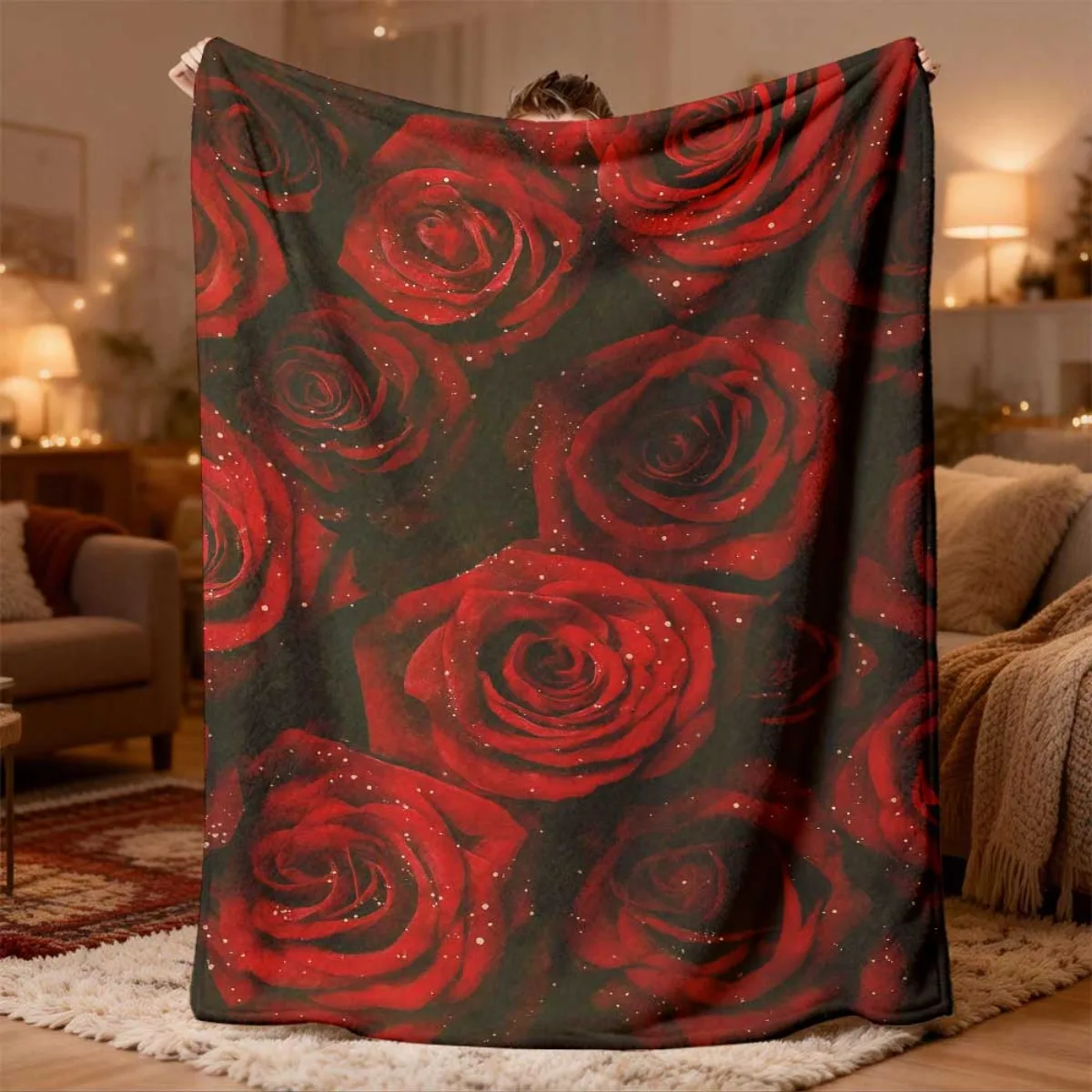 Vibrant Red Rose Print Throw Blanket Cozy Sofa Couch Decor Gift for Bedroom Living Room Home