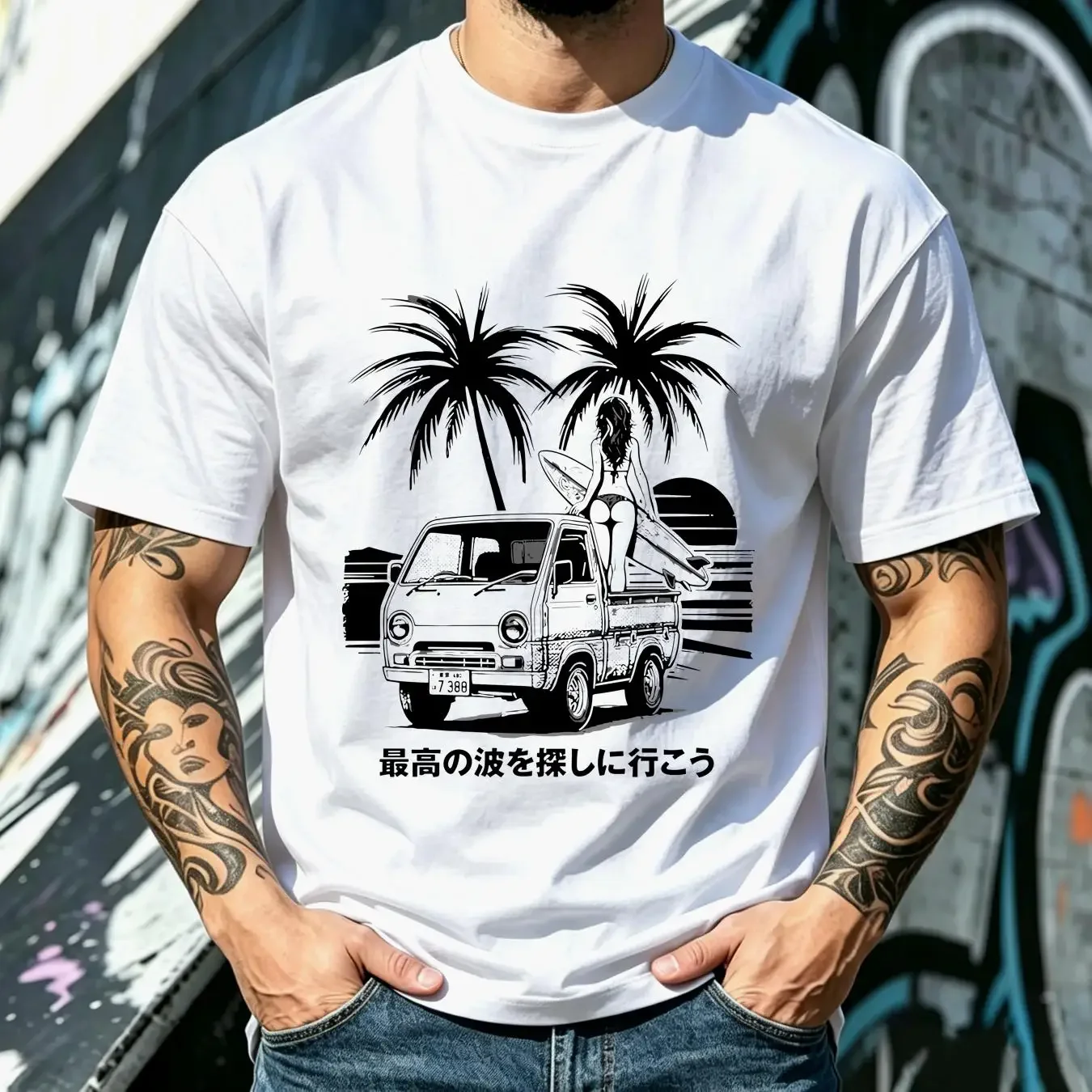 washed T Shirt Japanese MiniTruck Girl Surfing Beach Paradise Summer Kei Truck Men sizes Hand Screenprinted vintage Washed