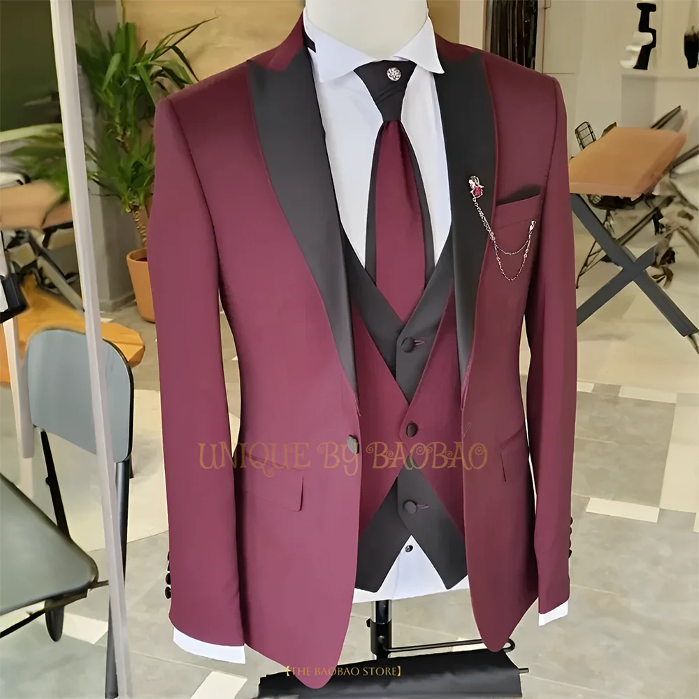 

Men's wedding 3-piece suit (jacket + vest + pants) black satin peaked lapel blazer vest graduation ceremony dinner ball tuxedo