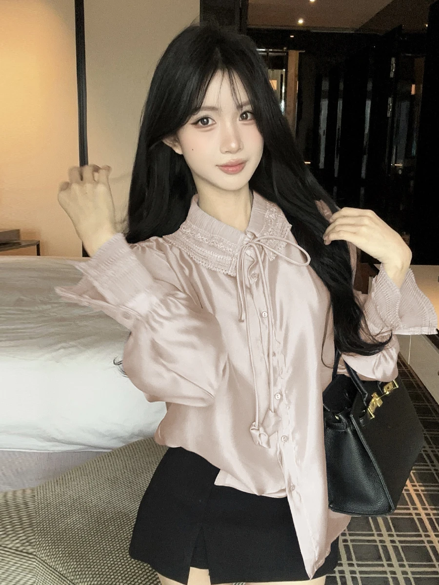 

Slimming Lace Collar Long Sve Starry Gauze irt Loose Fit Versatile Casual irt for Young Women in Their 20s