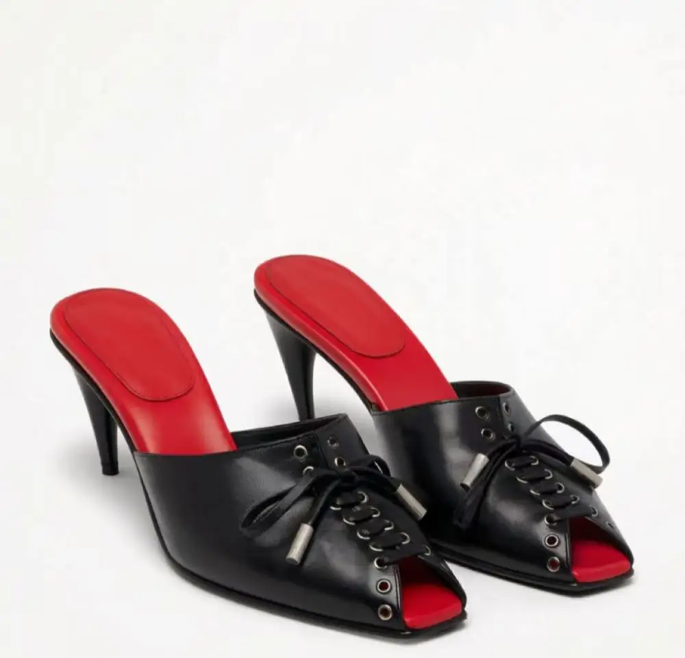 Metallic Silver Leather Peep Toe Mules High Slip‑On Stiletto Heel Sandals Black Lace‑Up Bow Detail Square Toe Design Footwear