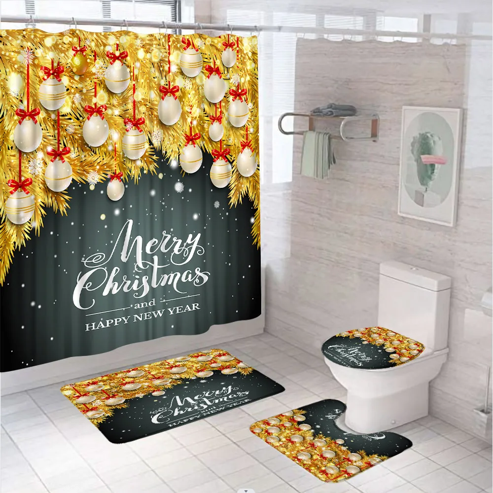 

Christmas Shower Curtain Set with Toilet Lid Cover Non-Slip Rugs Gold Xmas Balls New Year Bath Mat Winter Bathroom Decor Screen