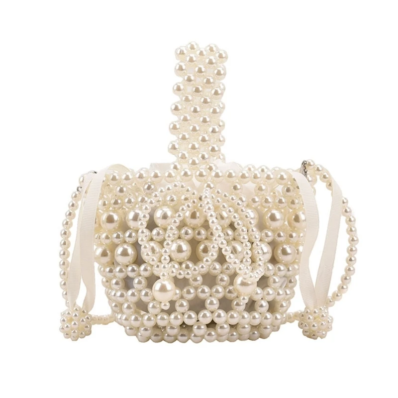 Fashionable Shoulder Purse Artificial Pearl Bowknot Crossbody Bag Unique Beaded Handbag Bucket Bags for Women Girls