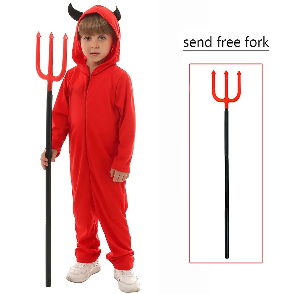 Umorden Kids Child Red Demon Devil Satan Costume for Boys Hooded Jumpsuit With Fork Scary Halloween Costumes Children