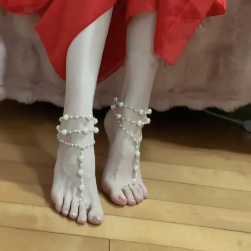 2PC Imitation Pearl Anklet Handmade Beaded Ankle Bracelet Girl Multilayer Beach Leg Accessories Bride Wedding Delicate Jewelry