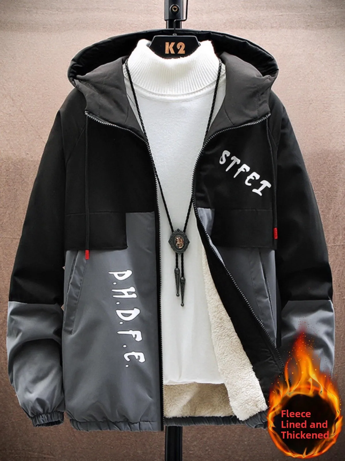 

Thiened Fce Men's Jaet Casual Loose Fit Autumn Winter Workwear Student Coat Warmth Polyester Long Sve Zipper Closur...