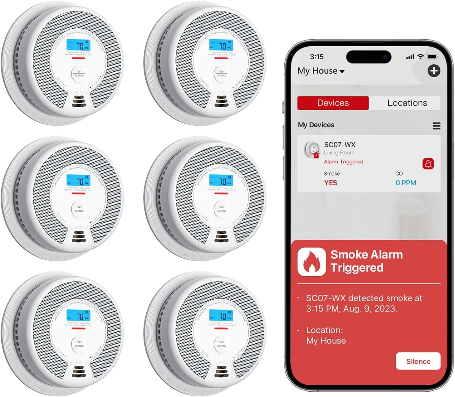 Detector Combo with Replaceable Battery, Wi-Fi Smoke and Carbon Monoxide Detector w