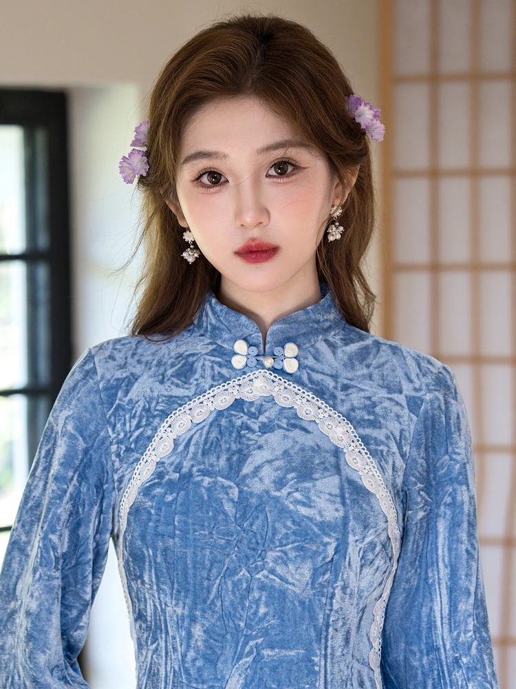 

Blue Velvet Young Sle Women's Qipao Winter Clothes New Chinese Sle High End Ele Faionable ort Size Embroidered Rose