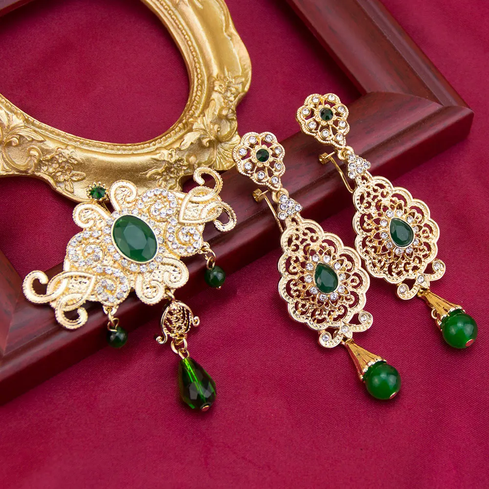 Sunspicems Unique Moroccan Jewelry Brooch Earring Set For Women Gold Color Arabic National Style Caftan Brooch Drop Earring
