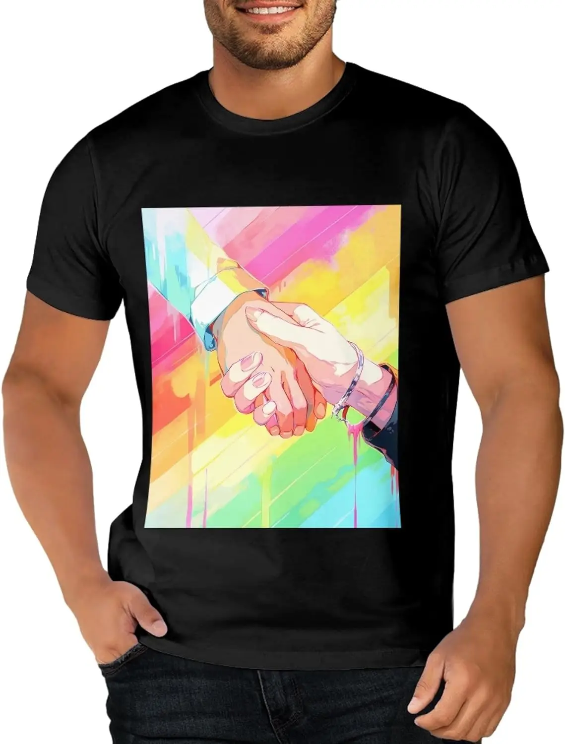 Unisex Cotton Short Sleeve Crewneck T-Shirts LGBT Gay Pride Rianbow Hand in Hand Graphics Top Casual Tees