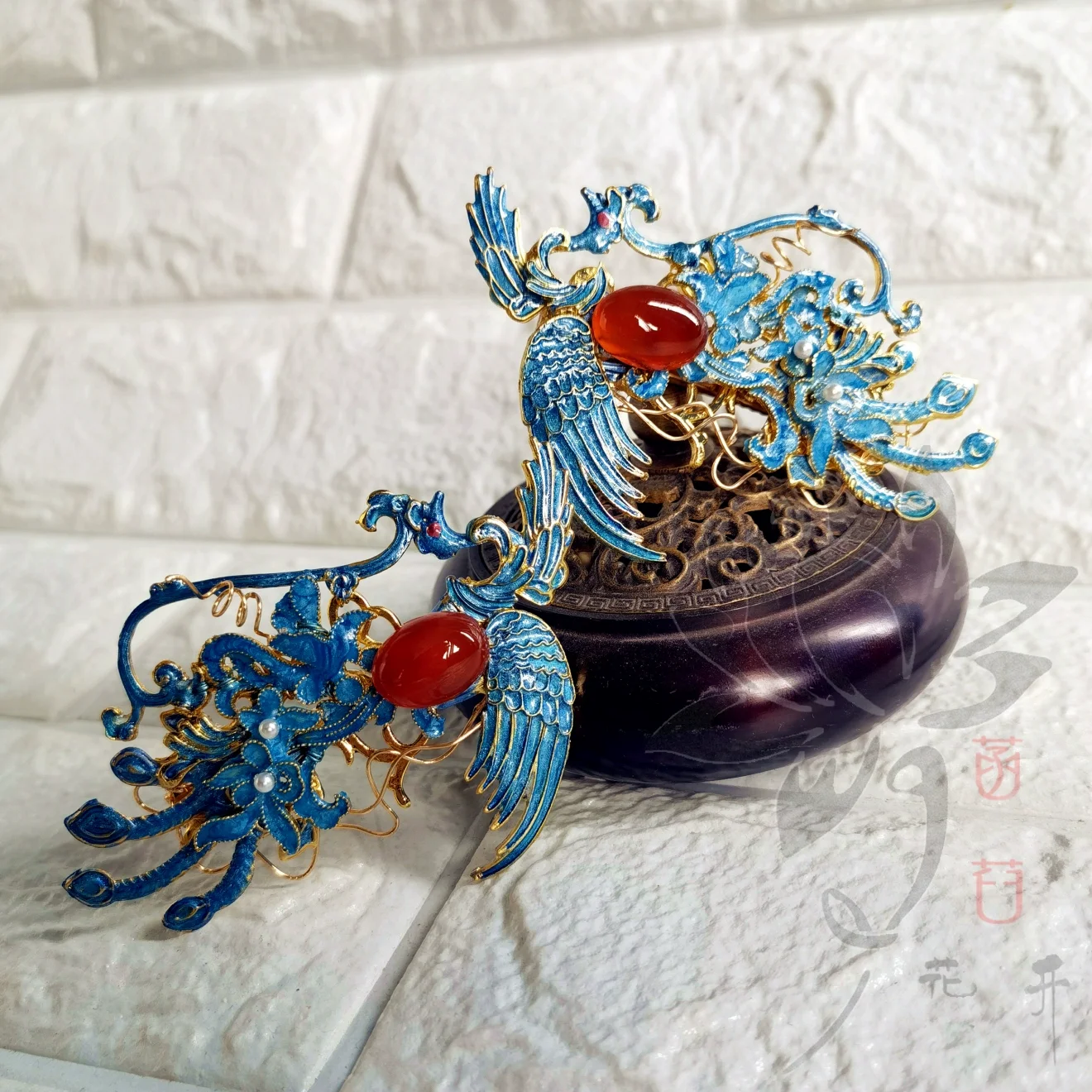 Original Handmade Hair Jewelry Imitate DianCui Blue Cloisonne Antique Artwork Wire In-lay Head Accessories for Opera Cheongsam