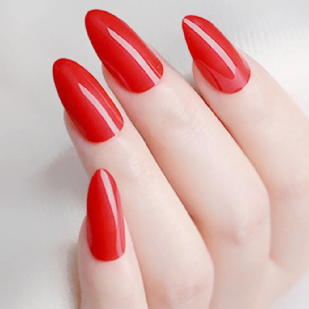 

Shiny Red False Nails Acrylic Short Stiletto Nails Tips With Glue Sticker Lady Finger Press On Nails DIY Manicure Accessory