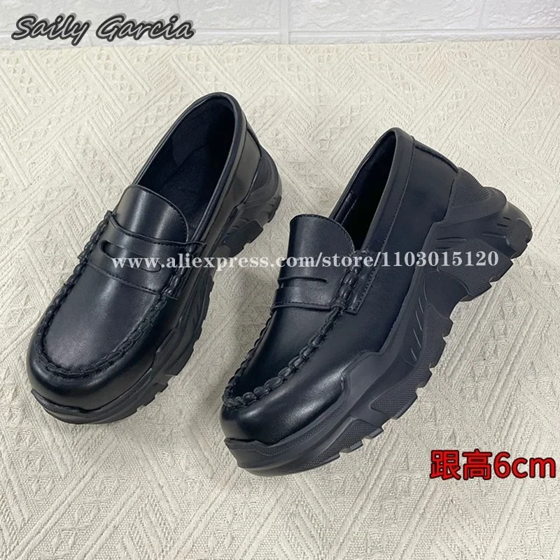 Mary Jane Thick-Sole Slip On Leather Pumps 2024 Summer NEW INS Style Casual Loafers Round Toe All-Match Preppy Style Pumps