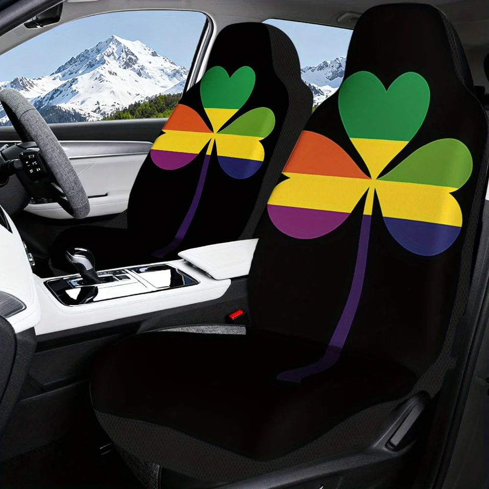 2pcs   Seat Covers Set, Pride Rainbow Shamrock Print, Chic Vehicle Seat Covers. Fits daily office commutes weekend lake trips