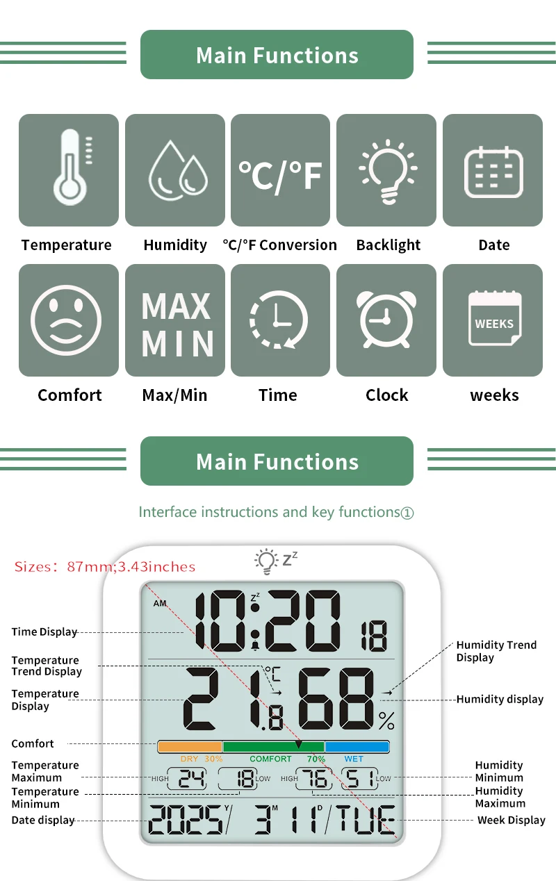 単三電池駆動 LCDバックライトスクリーン 磁気吸着式 温度計・湿度計 アラームクロック カレンダー表示付き
