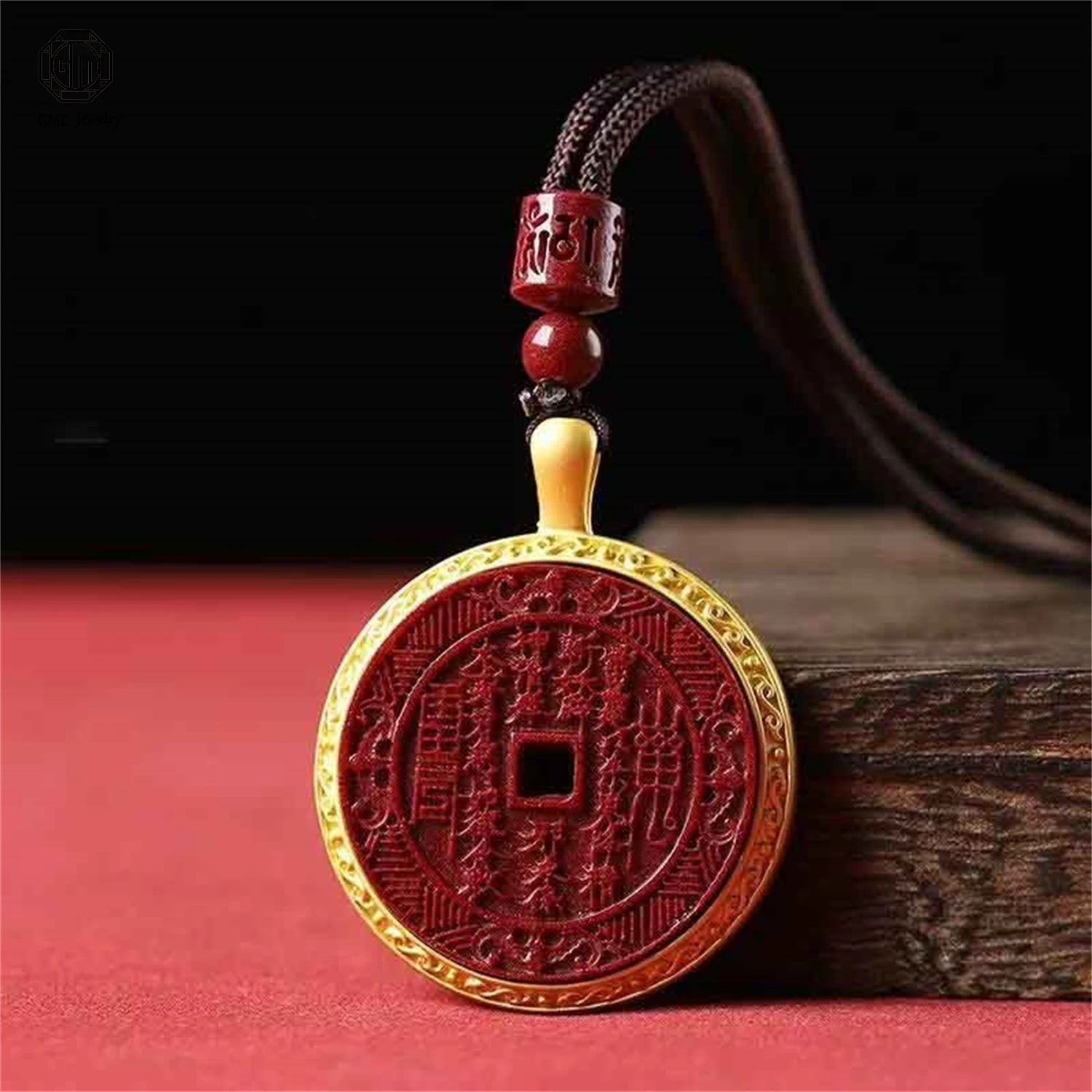 Natural Purple Gold Sand Cinnabar Mountain Ghost Coin Pendant Taoist Amulet Traditional Protective Charm Unisex Necklace