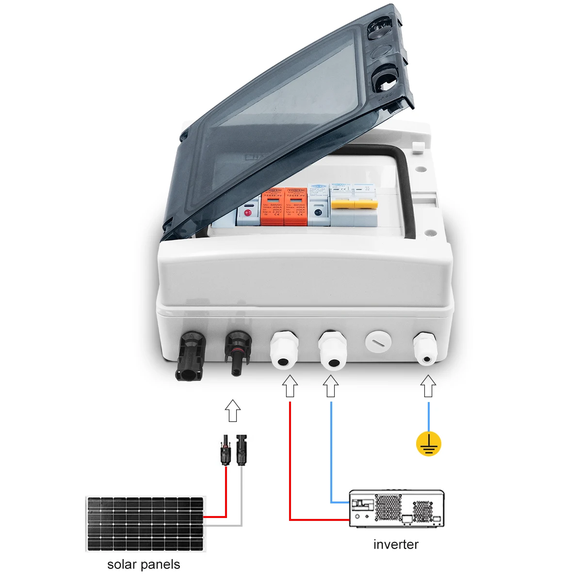 Solar-Photovoltaik-PV-Kombinatorbox mit Blitzschutz, 1 Eingang, 1 Ausgang, DC 600 V, Sicherung, MCB, SPD, wasserdichte Box IP65