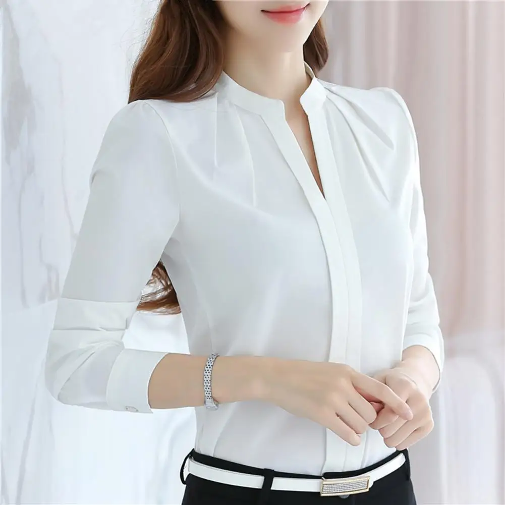 Blus Wanita kerah V Slim Fit, kemeja wanita bergaya kerah berdiri lengan panjang warna Solid untuk pakaian kerja berpergian warna Solid