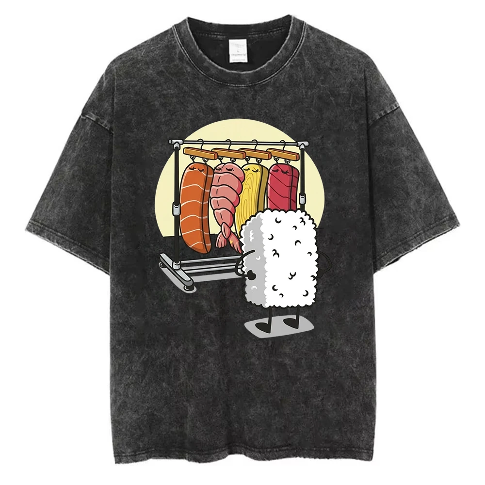 Funny Sushi Graphic Short-Sleeve T-shirt Cute Rice Ball Choosing Nigiri Casual Versatile Cotton Crew Neck Tee Top for Women Men