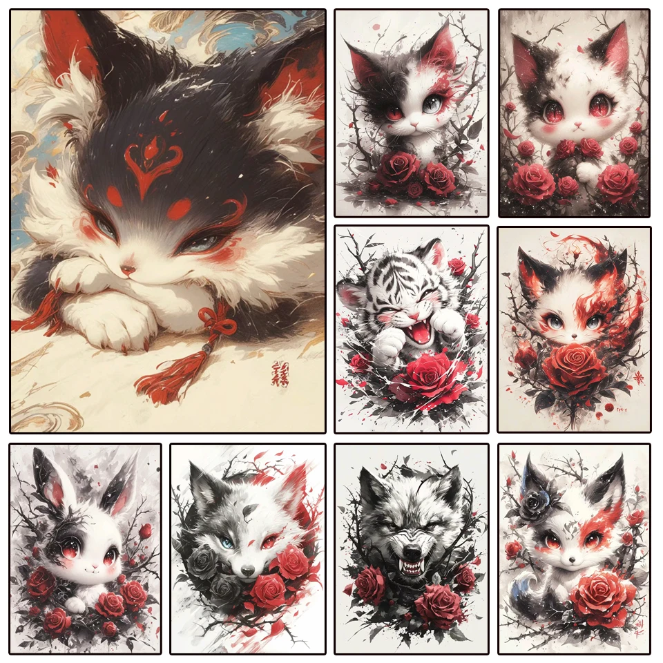 DIY Diamond Painting Flower Animal Fox Cat Tiger Rabbit Full Diamond Art Embroidery Red Rose Mosaic Cross Stitch Kit Home Decor