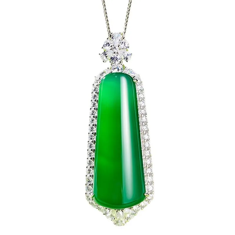 

S925 Silver Necklace Inlaid with Emerald Emperor Green Ascending Pendant, Green Chalcedony Necklace Jewelry