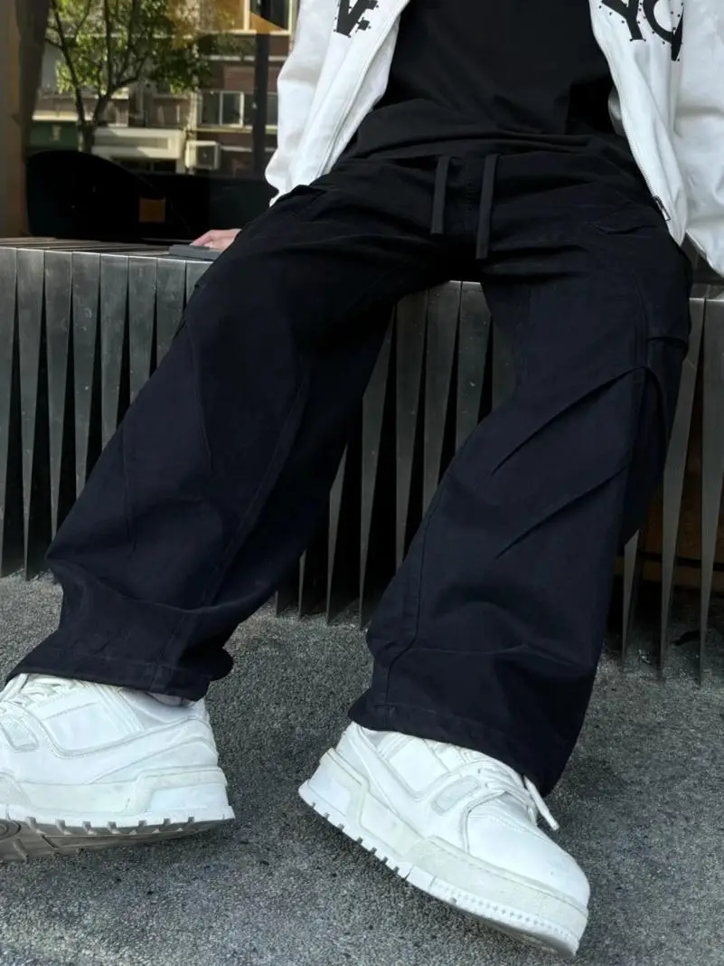 الرجعية الأمريكية ربيع الخريف الرجال السراويل مع كيتس كبيرة مطوي واسعة الساق فضفاضة مستقيم قطع السراويل الطويلة ملابس العمل #5