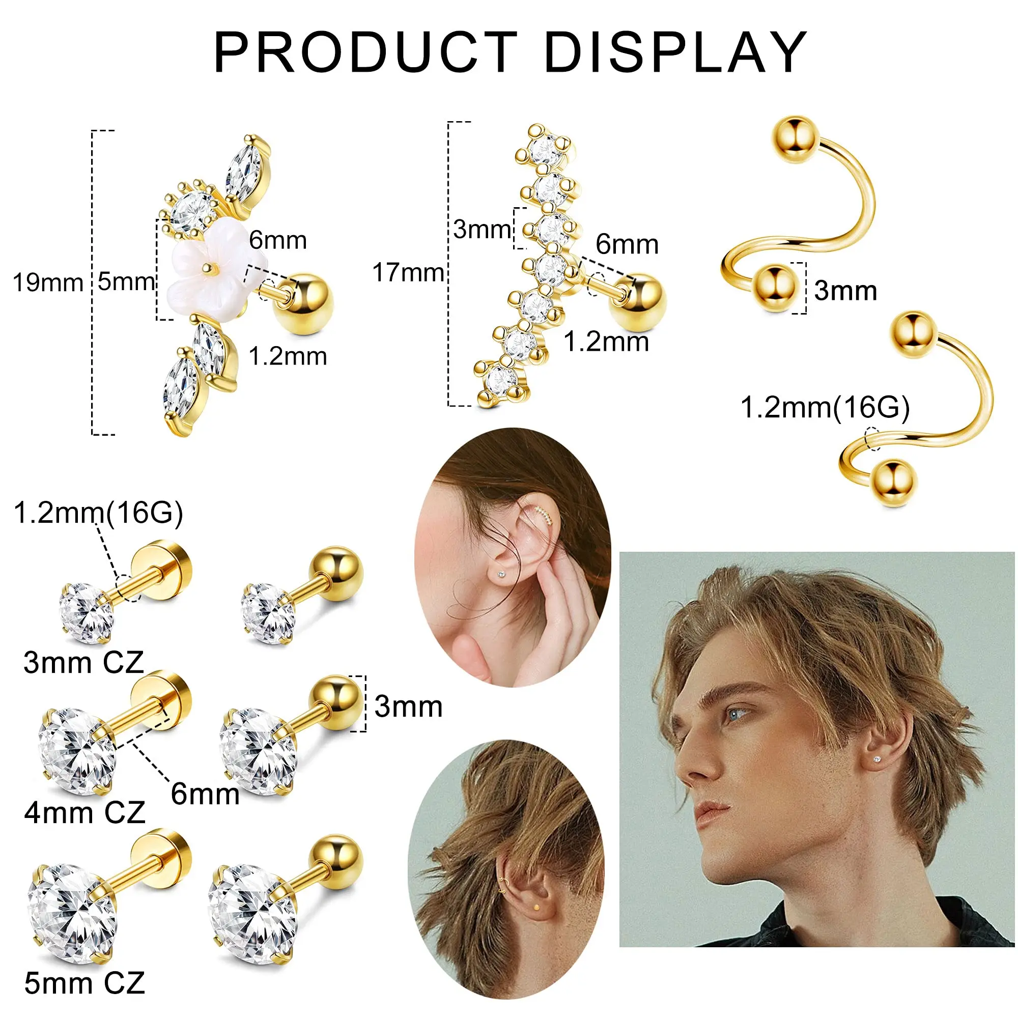 Drperfect-Boucles d'Oreilles Clou Hoop pour Femme, Acier Inoxydable, Helix Avant, Piercing Tragus Conch, Bijoux Cartilage, 16G