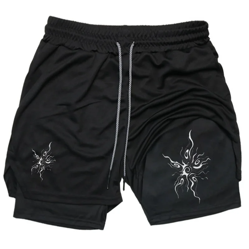 Hip-hop Sun Design Pattern Loose Shorts Men American Y2K Harajuku Oversized Versatile  2 in 1 Running Workout Shorts
