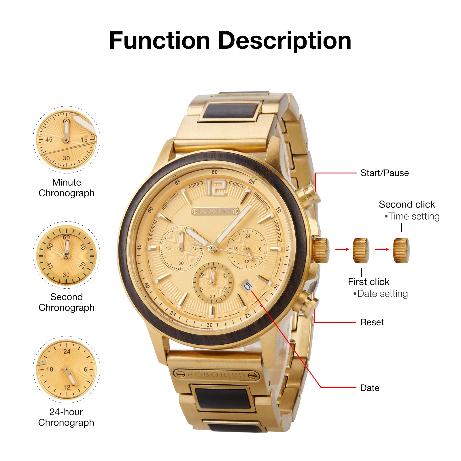 BOBOBIRD Orologio da uomo color dorato Movimento al quarzo giapponese Cinturino in legno di ebano e cassa in acciaio inossidabile Logo personalizzato Marchio o nome