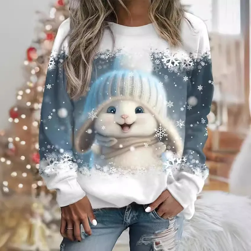 Cross border women\'s clothing hot selling new 3D digital printed Christmas bunny cute round neck pullover long sleeved T-shirt i