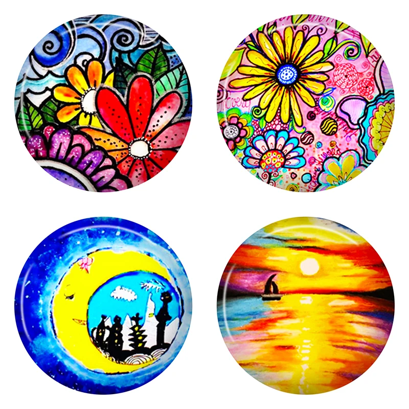 

8-40mm Photo Glass Cabochon Pattern Round Glass Cabochons Colorful Beautiful Cameo Flower AS015