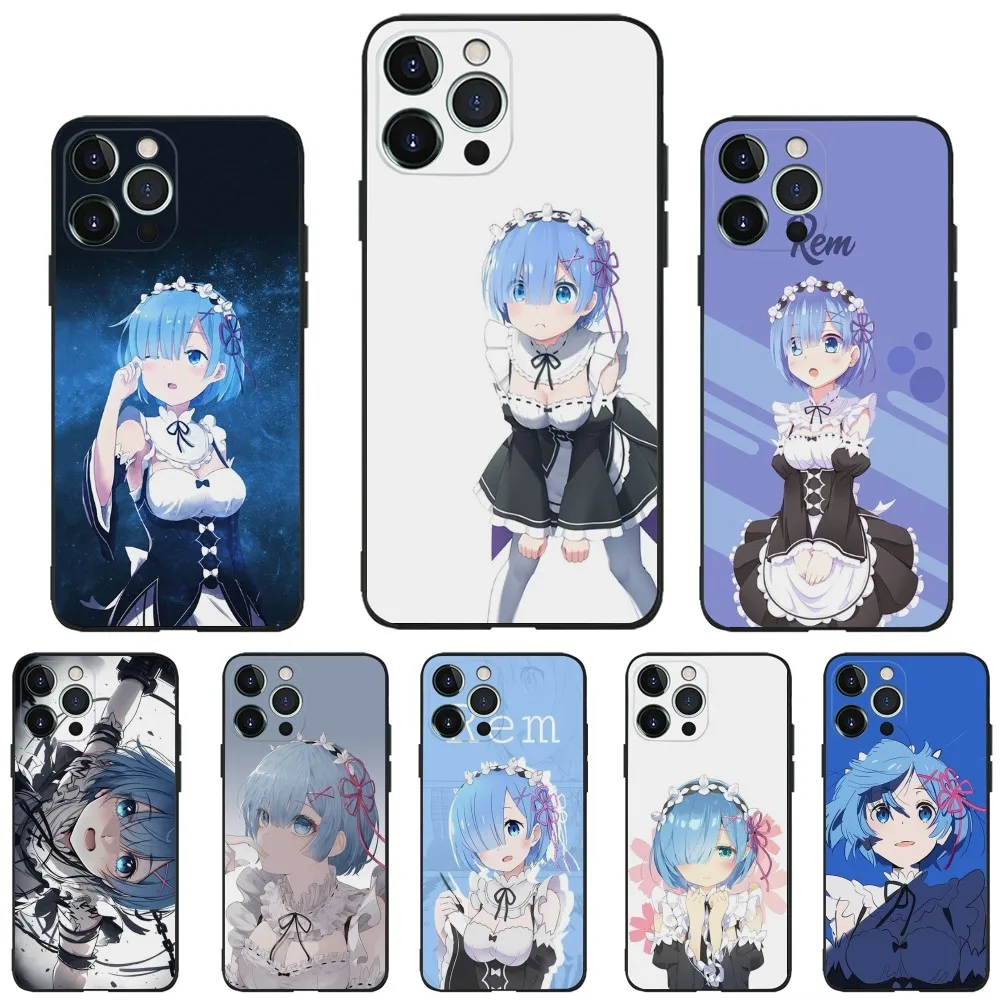 R-Rem Re Zero Anime Rem Phone Case for Apple iPhone, 13, 14,13,12,11,XS,XR,X,8,7,Pro,Max,Plus, Mini Silicone Cover, Black