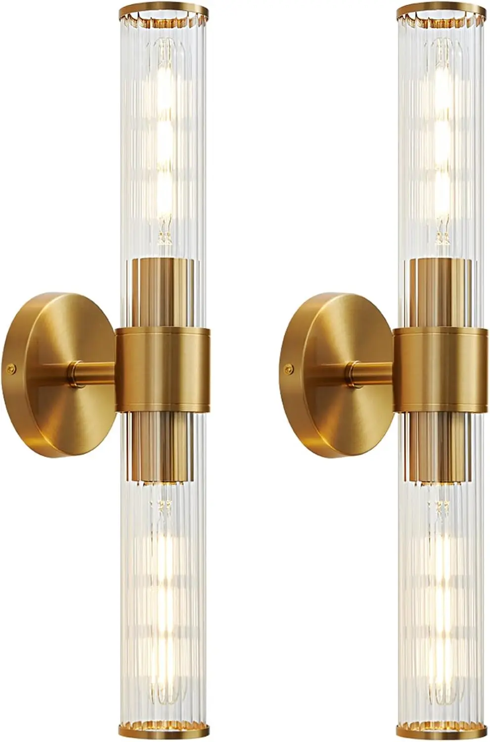 Hardwired Gold Vanity Light Threaded Glass Wall Sconce 2 Pack | Up & Down Bidirectional Lighting, Damp Rated For Bathrooms, Dimm