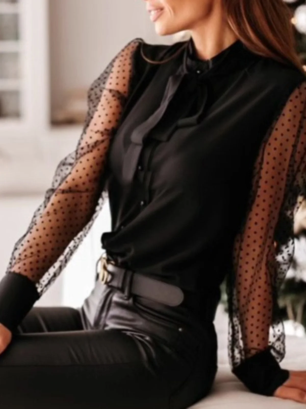 

Spring Autumn OL Commute Fashion Single Button Knot Long Sleeve Shirt Upper Body Mesh Splicing Bubble Sleeve Polyes...