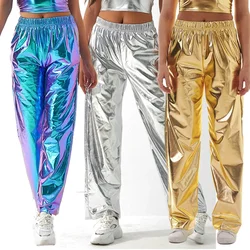 Metallic Shiny Pants Casual Holographic Streetwear Elastic Waist Trousers Loose Women Dance Legging Reflective Pants Hip Hop Y2K