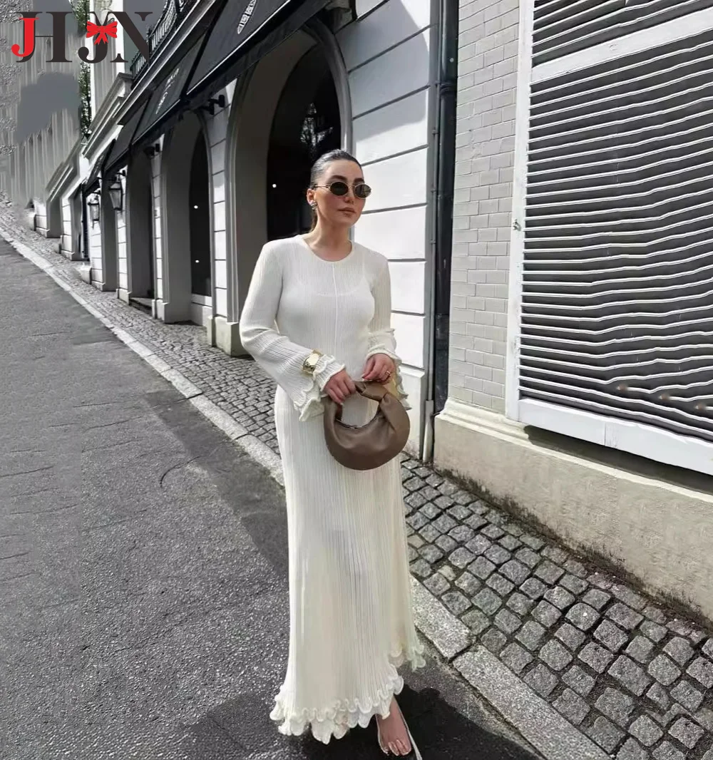 JHJN backless elastic force knitting Solid color Round neck Long sleeves Cultivate oneself longuette Ear fungus edge Dress