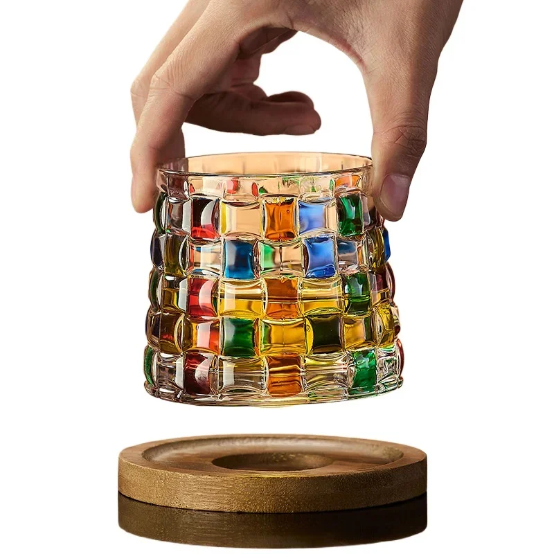 

Stained Glass Creative Spinning Whiskey Wine Glass Hand Painted Rotary Cup with Wooden Holder
