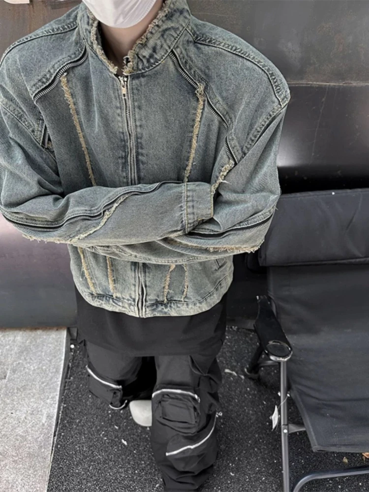 Jaqueta jeans masculina com zíper azul na moda de tecido original cowgirl lavado designer usado novo em roupas masculinas baixo preço casacos jeans masculinos