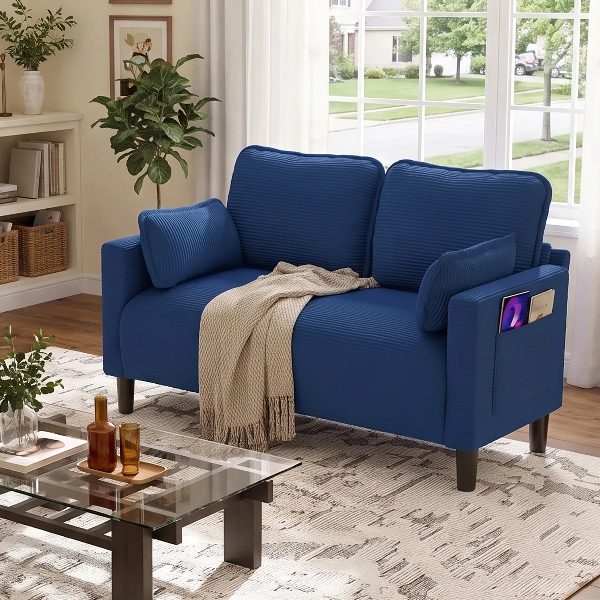 48.03-inch Couple Sofa With Soft Cushions and Side Storage Pockets Suitable For Living Rooms Apartments and Offices