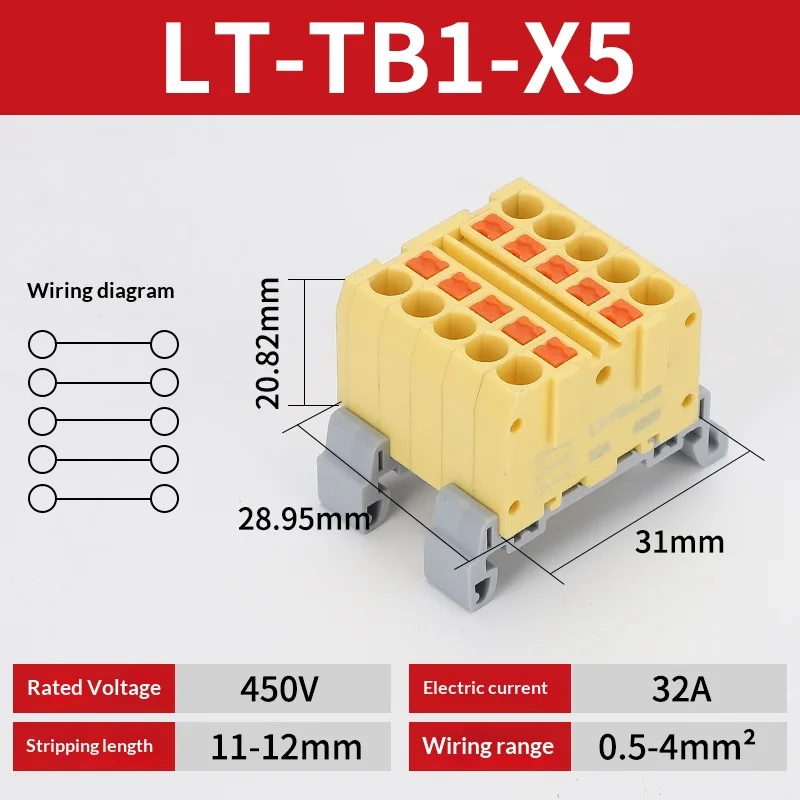 Push-in-Klemmenblock, Mehrfach-Ein- und Ausgangsklemme, Schnellverbindung von Drähten, DIN-Schienen-Kabelverbinder, Universelle Anschlussdose TB1-X6D